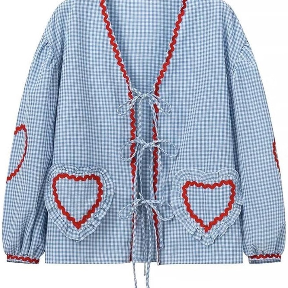 Blue Gingham Blouse with Red hearts. Great for valentines - looks homemade.